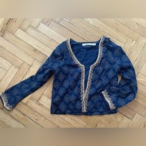 Navy Blue Patterned Crop Light Jacket with Gold Embroidery Details